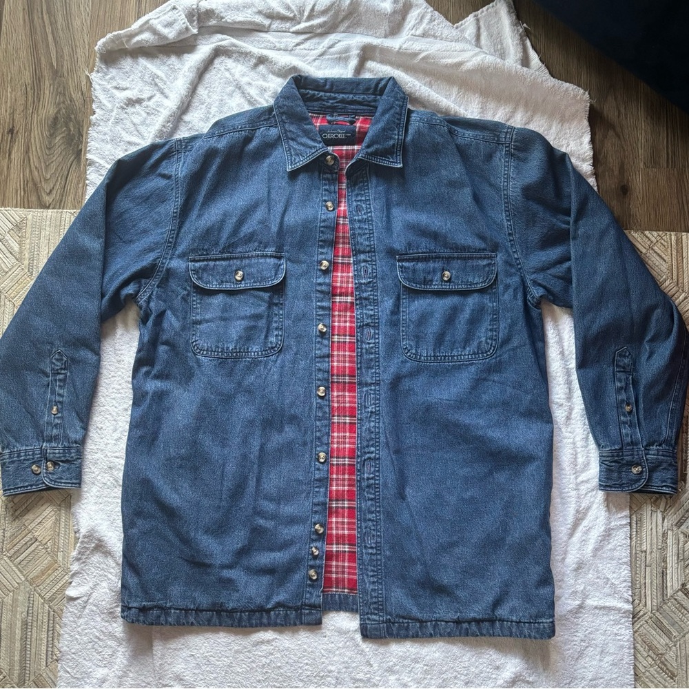 Vintage Cherokee Denim Shirt Jacket Mens ML Blue Jean with Inside Flannel Plaid